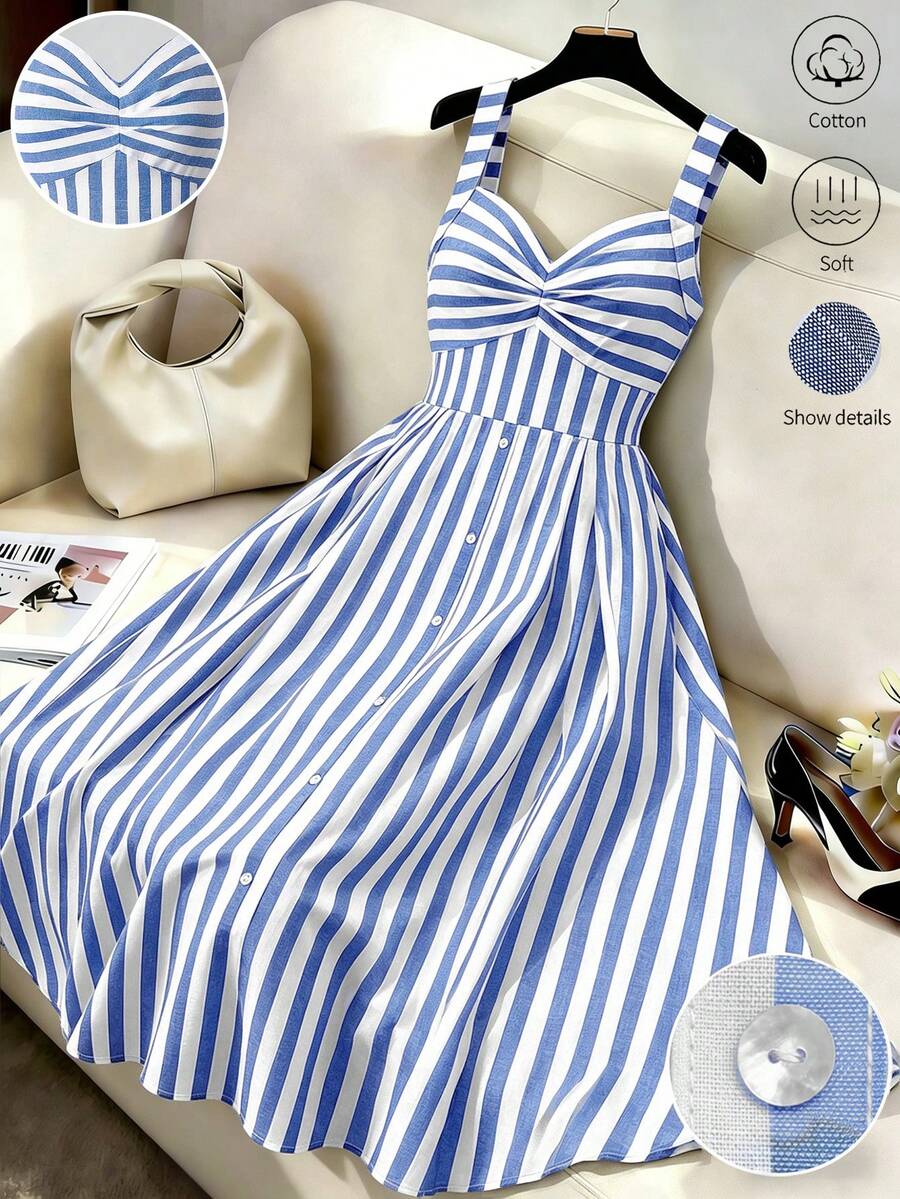 GlowEve CURVE Plus Size Summer Casual Striped Camisole Dress - Blue - View 1