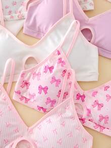 5pcs/Set Teen GirlMinimalist Floral, Cherry, Bow Print Sweet Bras With Removable Pads - Multicolor - View 3