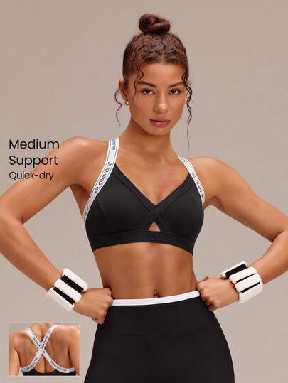 GLOWMODE FeatherFit™-Sculpt CrossPulse Sweat-Wicking Stretchy Logo Cross Back Triangular Bust Design Sports Bra With Removable Cups Medium Impact Training Running Workout Gym Fitness Wear