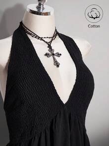 SHEIN ICON 大码女式水洗棉黑色吊带连衣裙 - 黑色 - 查看 6