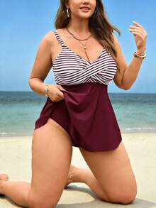 Swim Lushoire Bộ bikini 2 mảnh cỡ lớn dành cho nữ, họa tiết kẻ sọc, gồm áo croptop hai dây và quần bikini cạp cao, thích hợp cho kỳ nghỉ hè ở bãi biển. - Màu Đỏ Sâu - Xem 5