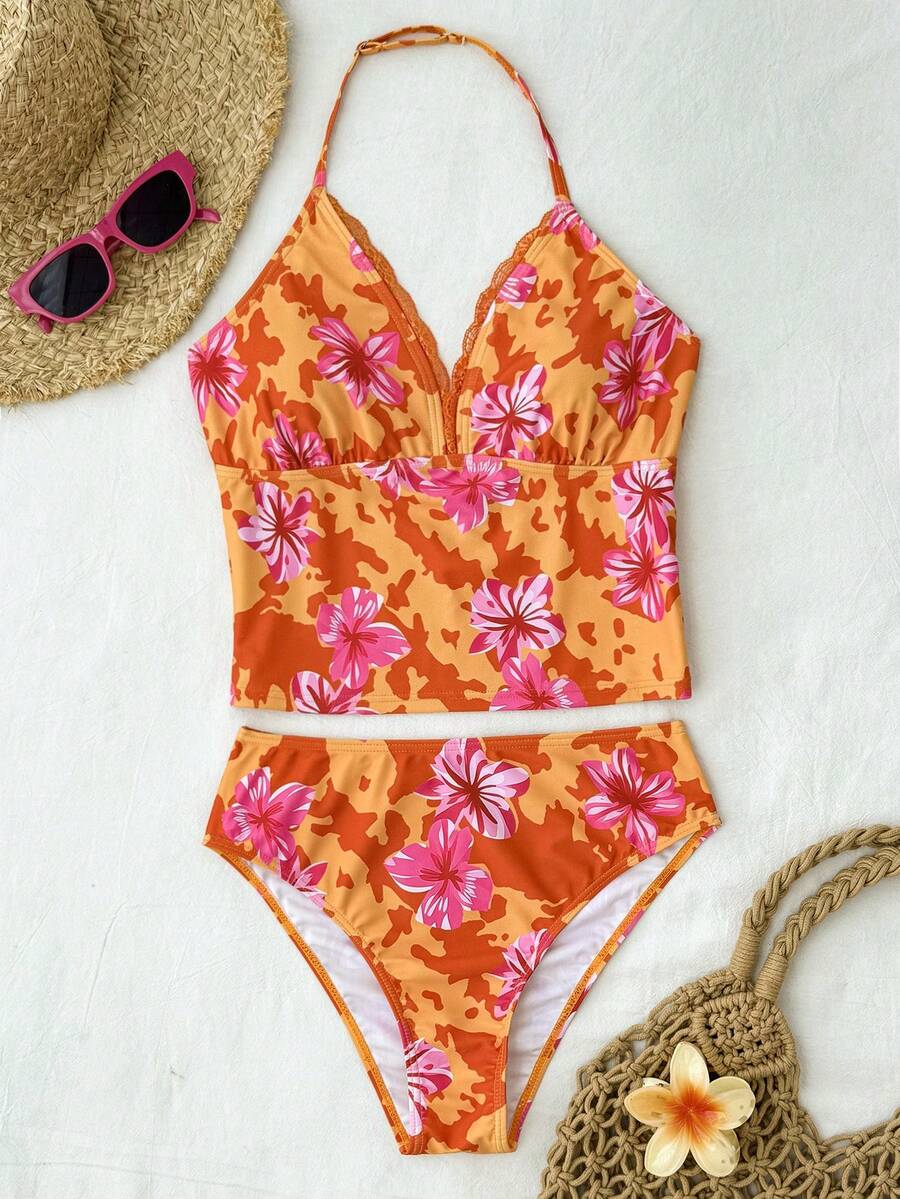 Teen Girl Summer Vacation Casual Beach Wear Tropical Floral Print Bikini Lace Trim 2-Piece Swimsuit Set - Orange - View 1
