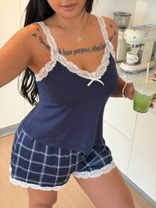 ZzzCrew Plus Size Fitted Contrast Color Lace Patchwork Plaid Print Camisole & Shorts Pajama Set - Navy Blue - View 5