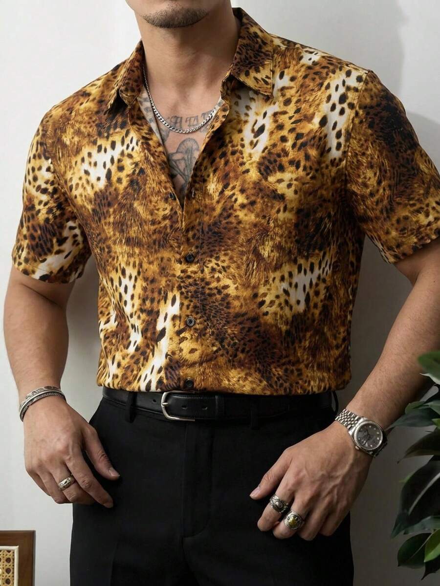 GENTILAND Men's Fashion Raglan Short Sleeve Front Button Leopard Print Shirt Mens Animal Print Shirt Shirts For Men Graphic Leopard Shirt Men Cheetah Shirt