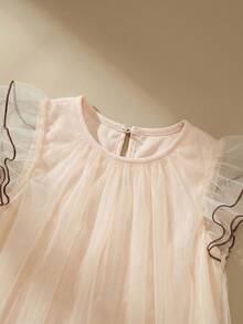 SHEIN 1 chiếc đầm ngắn tay màu hồng bằng vải lưới cho bé gái, kiểu dáng công chúa thanh lịch với chân váy voan, dáng chữ A dễ thương, thích hợp cho các bữa tiệc và mặc mùa hè. - Hồng - Xem 4