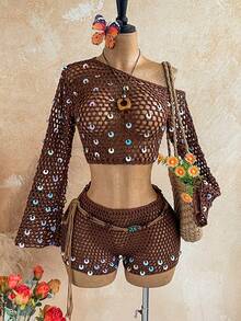 SHEIN WYWH Quần short dệt kim khoét lỗ, đính sequin, thích hợp cho kỳ nghỉ hè của nữ. - Nhiều màu - Xem 1