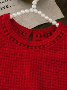 SHEIN LMoss Kids LMoss Young Girl Knitted Solid Color Round Neck Lace Ruffle Trim Fitted T-Shirt - Red - View 7
