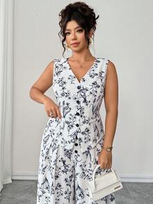 Elenzga Bộ đồ nữ cỡ lớn thanh lịch, tối giản, cổ chữ V không tay, có túi giả, dáng suông, kết hợp áo khoác ôm eo và quần ống rộng xếp ly cạp cao, họa tiết hoa, màu be, thích hợp mặc đi làm, mùa hè. - Màu be - Xem 3