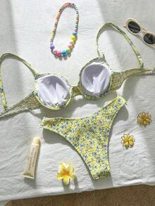 SHEIN Swim Vcay Bộ bikini họa tiết hoa nhí cho kỳ nghỉ biển - Vàng nhạt - Xem 3