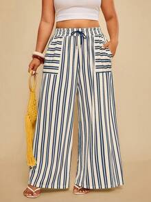 Travachic Plus Size Women Casual White Drawstring Pants Vacation Autumn - Blue - View 7