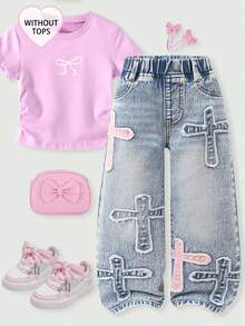 Girls' Loose Fit Jeans,Blue Summer Back-To-School,Lightweight Washed Denim,Cross Patch Design,Comfortable Cotton Casual Outdoor Versatile Denim Pants - Medium Wash - View 5