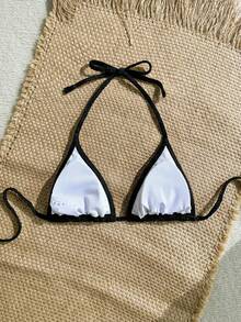 SHEIN Swim Vcay 纹理面料亮片贝壳装饰可爱性感沙滩泳衣上装 - 黑色 - 查看 5