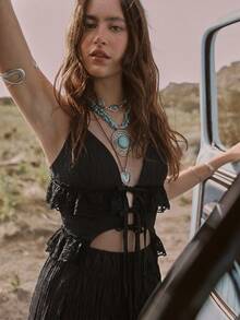 Easelle Bohemian Boho Music Festival Lace Patchwork Low Waist Shorts Women 2 Pieces Set,Summer Outfits For Women Vacation Black - Black - View 3