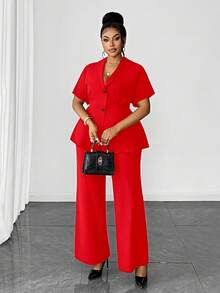 Bộ đồ nữ thời trang gồm áo cardigan cổ chữ V tay ngắn và quần ống rộng, trang phục nghỉ dưỡng thanh lịch, kiểu dáng tôn dáng, thiết kế độc quyền, cỡ lớn, thích hợp cho mùa xuân/hè/thu. - Đỏ - Xem 4