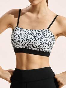 Exploreva Spaghetti Strap Sleeveless Leopard Print Fitted Breathable Sports Bra - Multicolor - View 3