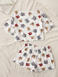 TOM & JERRY X SHEIN Women's Cartoon Print Short Sleeve Top And Shorts Pajama Set - Apricot - View 2