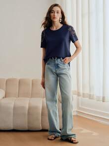 Anewsta Kaos Wanita Lengan Pendek Model Pas Badan dengan Kerah Bulat, Hiasan Manik-manik dan Jala Berongga, Desain Bahu Terbuka, Warna Polos - Navy Blue - View 5