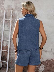 EMERY ROSE Mature Denim 女士休闲牛仔背心短裤套装，女士牛仔两件套——无袖背心高腰短裤夏季休闲装，女士牛仔背心短裤套装，无袖口袋Y2K夏季风，女士优雅牛仔两件套——无袖背心高腰短裤度假风，牛仔两件套，牛仔背心，牛仔短裤，无袖牛仔，高腰短裤，口袋细节，深色水洗牛仔，夏季装，Y2K风格，套装可分开穿着，混搭打造更多造型 - 藍色 - 查看 3