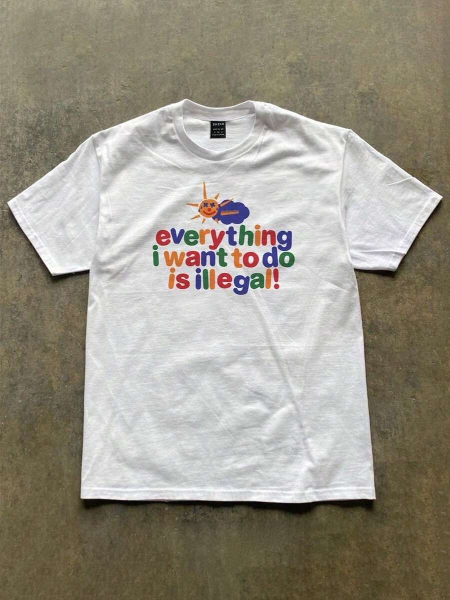 INAWLY Casual Colorful Slogan Print Short Sleeve T-Shirt, Spring/Summer - White - View 1