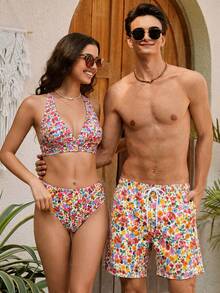 Manfinity Swimmode 夏季男士白色碎花印花沙灘短褲，波希米亞度假風，泳池派對夏威夷熱帶游泳洗浴沙灘短褲 - 彩色 - 查看 2