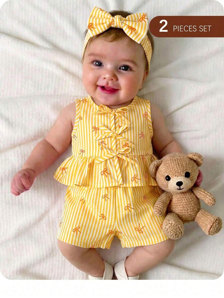 Set Rompi dan Celana Pendek Bayi Perempuan Baru Lahir untuk Liburan, Motif Garis-garis Lucu, Kasual, dan Dekorasi Pita - Mustard Yellow - View 1