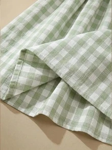 SHEIN 女童（小号）绿色格子休闲中长连衣裙，配有可爱的荷叶袖和蝴蝶结设计 - 綠色 - 查看 8