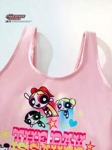 THE POWERPUFF GIRLS X SHEIN Maija Kids 少女卡通图案挂脖连体泳衣，百搭舒适 - 粉色 - 查看 3