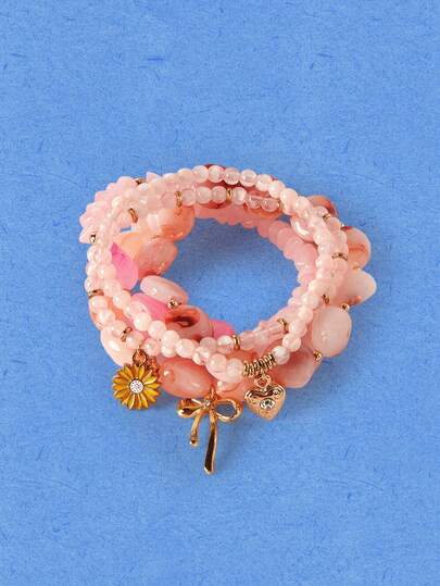 Popjeli 1 Set de Pulsera Elegante de Mujer con Diseño Multipieza, Primavera Rosa, Cuentas, Lazo, Forma de Corazón, Dije de Margarita, Diamante de Vidrio Incrustado.