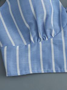 SHEIN Franclia Blue And White Striped Tie-Up Ruffled Top And A-Line Shorts Set. Summer Holiday Beach Outfit Set, Blue Set. - Blue - View 5
