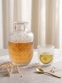 Haus Hana 1Set Embossed Glass Pitcher And Cup Set, Clear Glass With Vintage Diamond Pattern, Holds Water, Juice And Spirits, Multi-Use Drink Serving Kit, For Home Bar, Dining Table & Daily Use, Holiday Gift & Tabletop Decor Supply - View 4