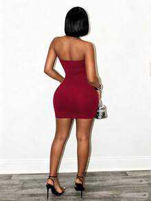 BamGleam Vestido de mujer sin tirantes con abertura cruzada y abertura lateral - Burdeos - Ver 2