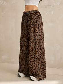 SHEIN Tall Pantalones sueltos con estampado de leopardo y cordón en la cintura para mujer - Marrón - Ver 6