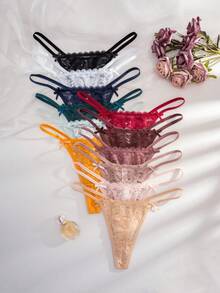 SHEIN 12 pièces/paquet Culottes tanga en dentelle avec nœud pour femmes grande taille - Multicolore - Voir 3