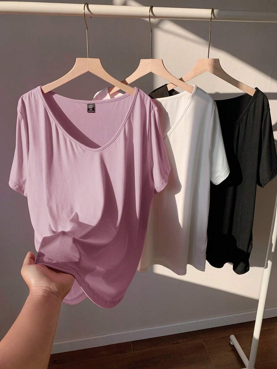 SHEIN EZwear Bộ 3 áo thun cổ chữ V mềm mại, màu trắng + đen + tím nhạt, cỡ lớn, dễ phối đồ cho mùa xuân và hè. - Bụi tím - Xem 1