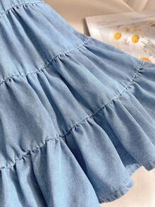 SHEIN Đầm chữ A phối vải denim cho bé gái (cỡ nhỏ), kiểu dáng thường ngày và đa năng. - Rửa nhẹ - Xem 5