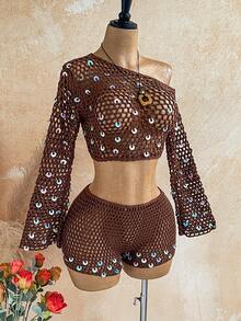 SHEIN WYWH Quần short dệt kim khoét lỗ, đính sequin, thích hợp cho kỳ nghỉ hè của nữ. - Nhiều màu - Xem 6
