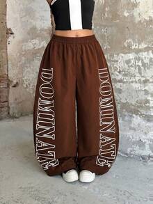 POPSWAY Plus Size Elastic Waist Pants Set With Letter Print, Women Street Style - Brown - View 4