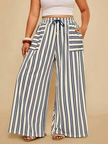 Travachic Plus Size Women Casual White Drawstring Pants Vacation Autumn - Blue - View 1