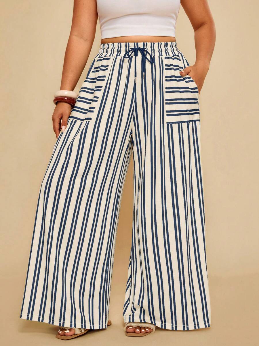 Travachic Plus Size Women Casual White Drawstring Pants Vacation Autumn - Blue - View 1