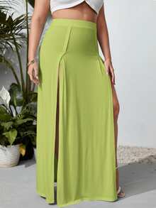 Travachic Plus M-Slit Thigh Solid High Waist Skirt - Limelight Green - View 4