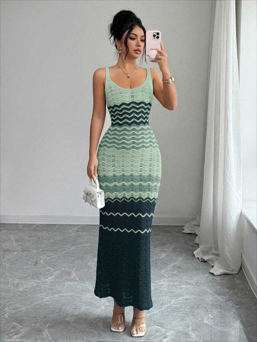 Elenzga Women's Spring/Summer New Arrival Long Fitted Knit Camisole Dress, Cream-Yellow Striped Elegant Sleeveless Knit Dress - Multicolor - View 1