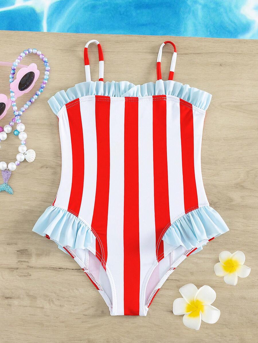 SHEIN Trẻ Cô gái Khối màu Sọc Ruffle Áo tắm một mảnh - Nhiều màu - Xem 1