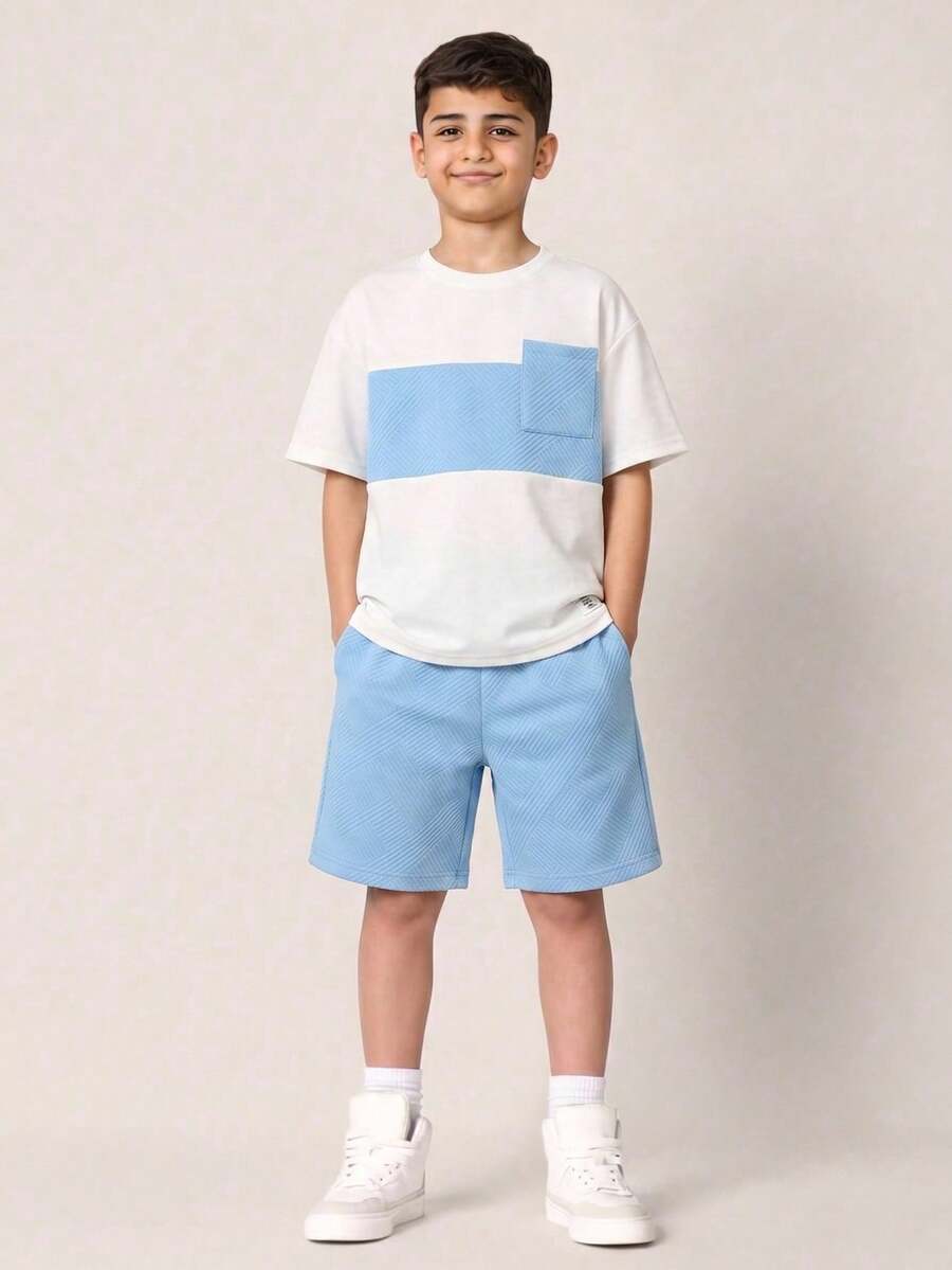 SHEIN 2件套儿童/青少年男童休闲撞色圆领短袖T恤短裤套装，适合通勤、上学、日常休闲穿着、运动、春夏穿着
