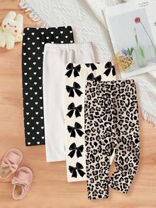 Souflis Souflis Bộ 4 món quần legging/quần dài/quần tất màu trơn cho bé gái, cạp chun, họa tiết da báo và trái tim dễ thương, trang phục mùa xuân và mùa hè, phong cách mùa xuân, phong cách mùa hè, trang phục thường ngày, quần áo trẻ em họa tiết hoa, kiểu dáng mới. - Nhiều màu - Xem 2