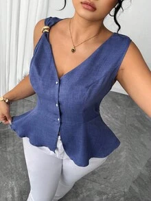 Elenzga Plus Size Women Metal Button Closure Pearl Decor Fitted Blouse Royal Blue Peplum - Blue - View 4