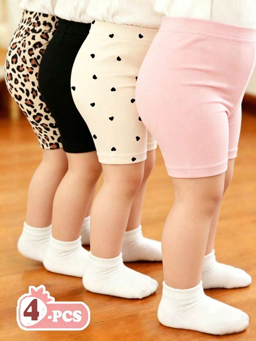SHEIN Playful Pals 4件套女婴纯色弹力腰带打底裤/短裤/长裤套装,可爱豹纹和爱心图案设计,婴儿下装套装,春夏服装 - 彩色 - 查看 1