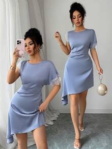 SHEIN Raffinéa Đầm satin mùa hè thanh lịch, ngọt ngào màu xám xanh phối ren, eo thắt lệch vạt, thích hợp cho các buổi hẹn hò, dành cho nữ. - Xám Xanh - Xem 1