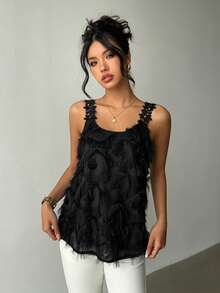 Rafferiza Women's Solid Color Elegant Casual Floral Lace Patchwork Textured Sleeveless Top - Black - View 4