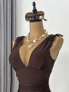 Swim Vcay 1pc Women's Drawstring Backless Deep V-Neck Wireless One-Piece Swimsuit - Coffee Brown - View 7