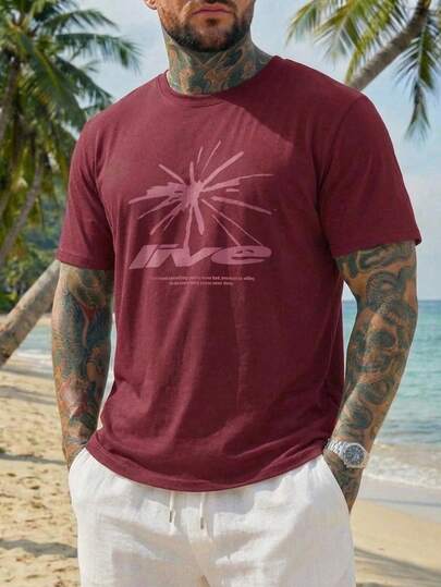 DAZY Letter Print Short Sleeve T-Shirt, Burgundy, Plus Size Men
